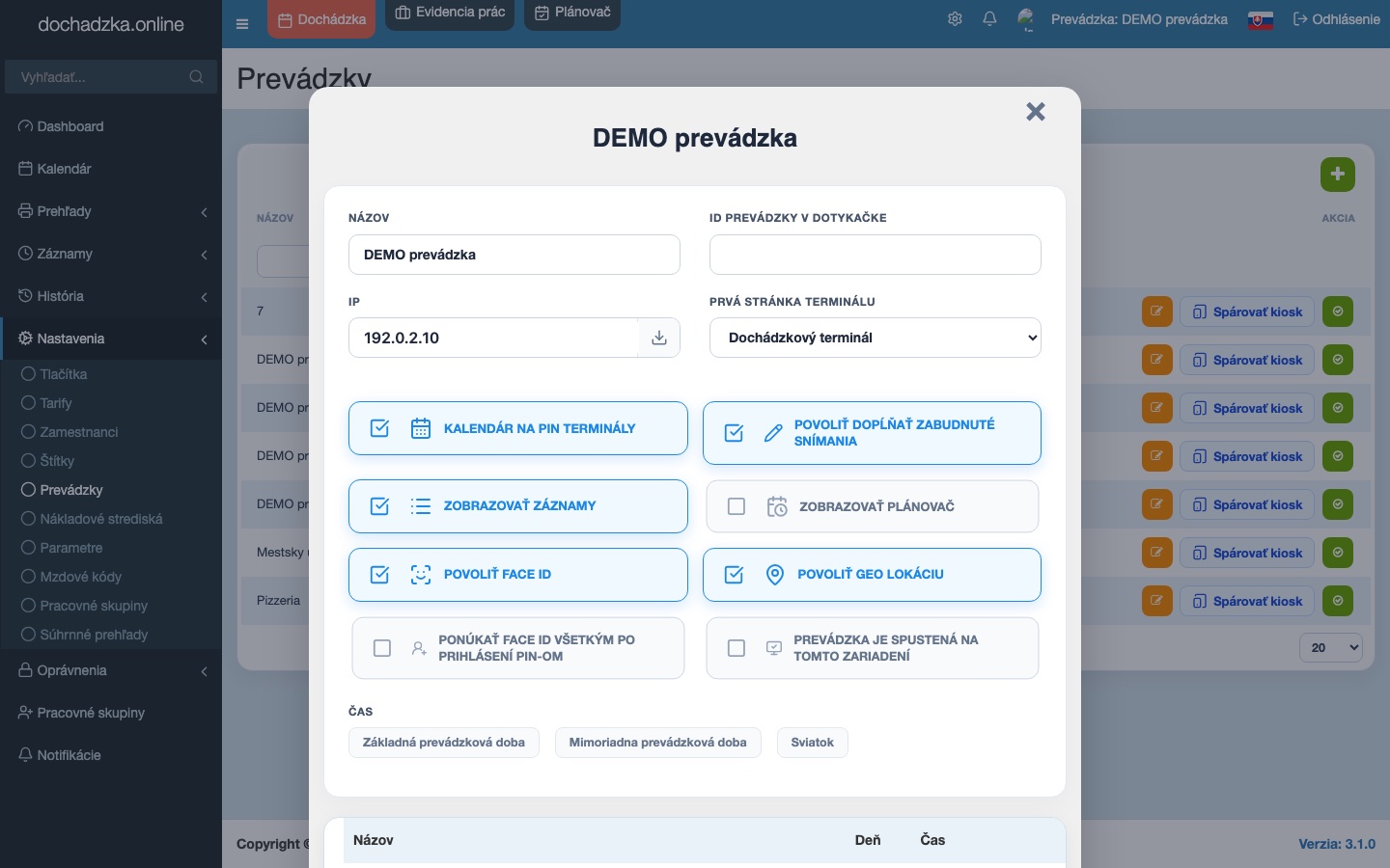 Administrácia dochadzka.online — nastavenie prevádzky