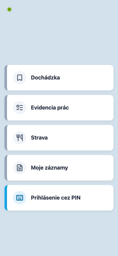 Terminál v mobile — Dochádzka, Evidencia prác, Strava