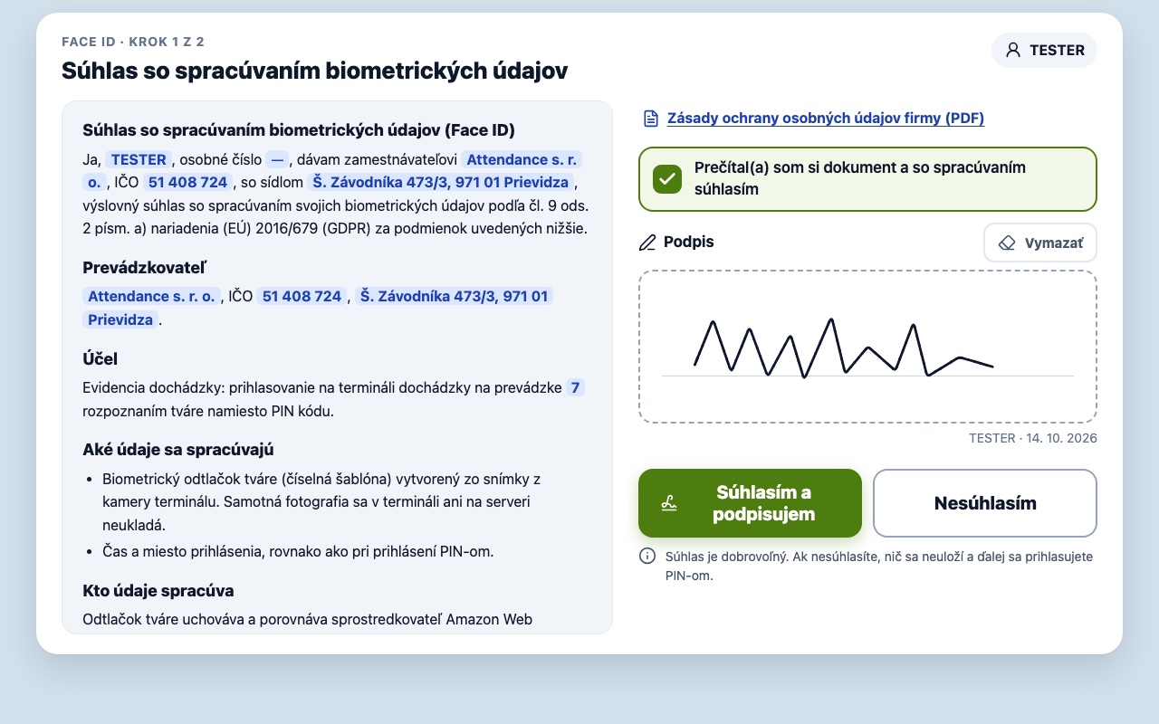 Terminál — podpísaný súhlas so spracúvaním biometrických údajov